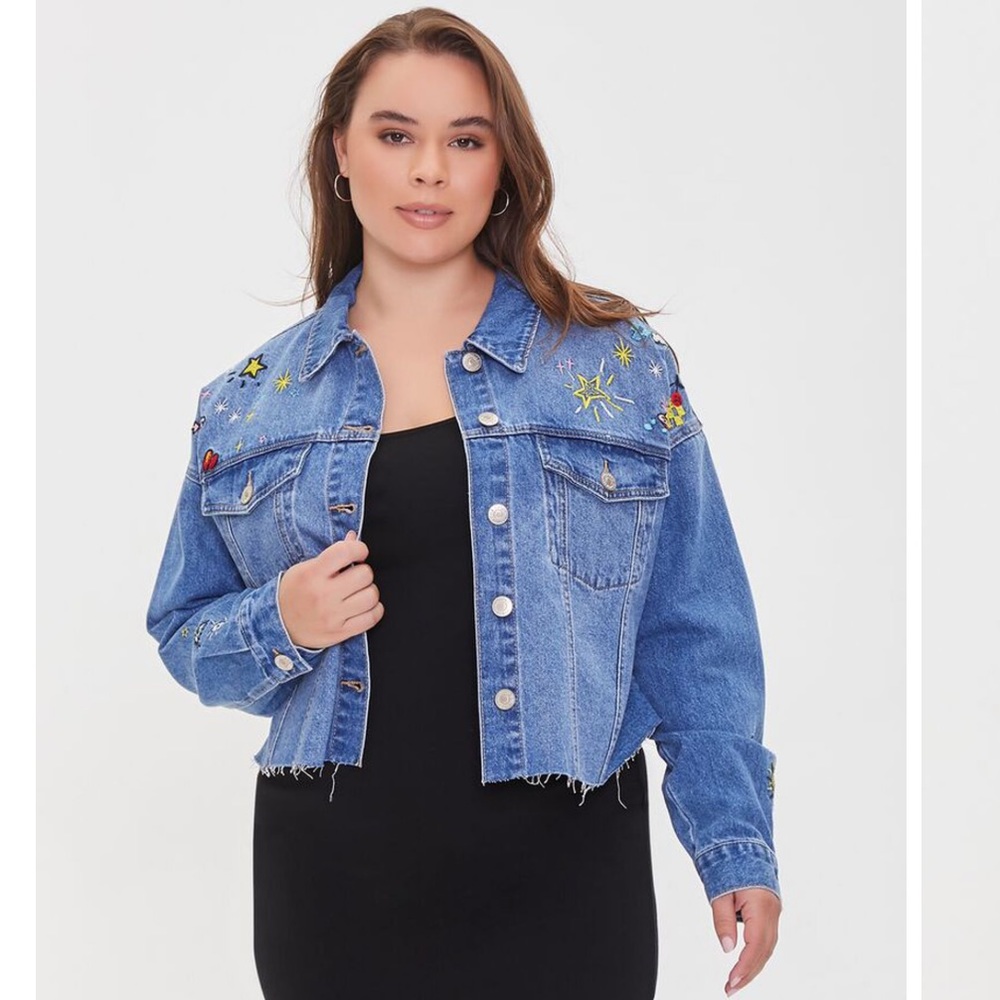 Forever 21 Plus Size Embroidered Star Denim Jean Jacket